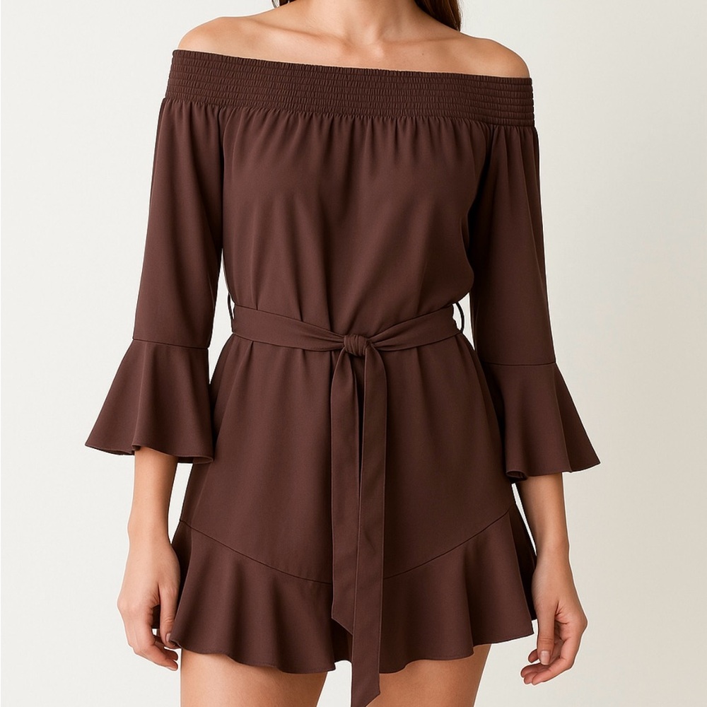 CBR Dress L Brown Off Shoulder Ruffle Bell Sleeve Romantic Dark Fairy Whimsigoth